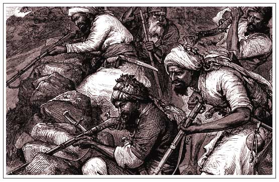 Afghan fighters fire jezails from their low-walled sungars.