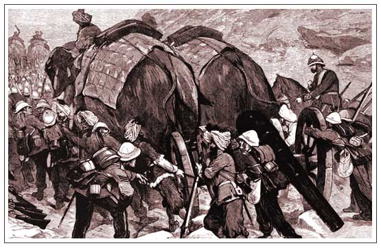 An Elephant Battery pulling 40-pounder Armstrongs moves through the Khyber Pass.