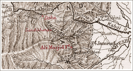 Detail map of the Khyber Pass area, with Ali Masjid, Landi Khana and Daka highlighted
