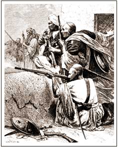 Afghan fighters in an illustrated scene