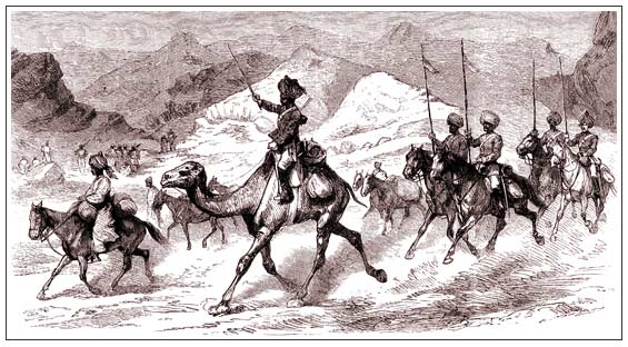 The Dak, or post, with an armed escort of Bengal Lancers galloping through the Khyber Pass