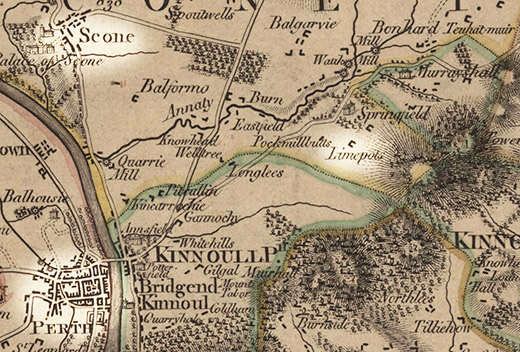 Perth, Scone and Limepotts are highlighted on this map of Perthshire from 1783 (National Library of Scotland)
