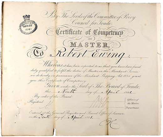 Robert Ewing’s Master certificate, April 1861