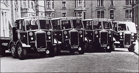 Fleet of red and blue 'David Horsburgh' Albion lorries, c.1930s/40s.