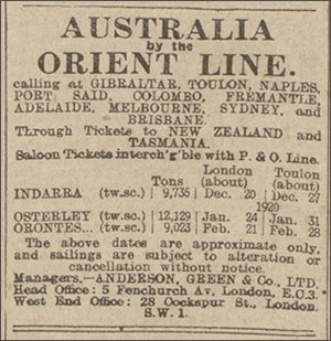 Advert in the Chelmsford Chronicle 12 Dec 1919 showing the departure of Indarra, 20 Dec