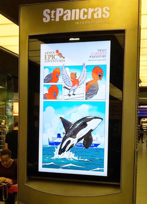 JCDecaux screen showing Arni comic at St Pancras Station, photo by Christopher Taylor-Davies